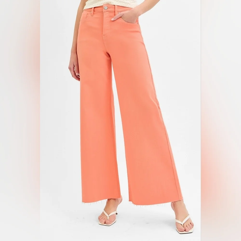 Risen High Rise Tummy Control Wide Leg Palazzo Jeans Coral Peach Various NEW